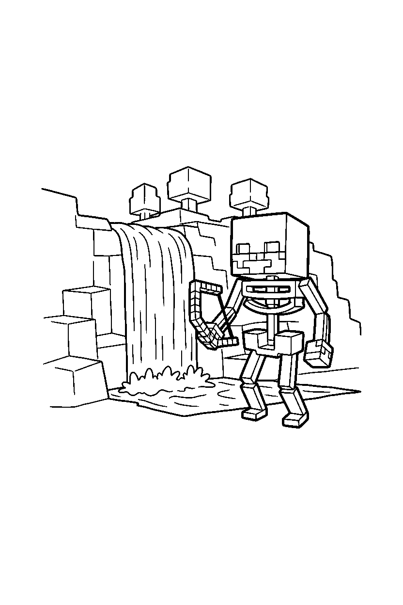 minecraft skeleton standing ready near a waterfall line art
