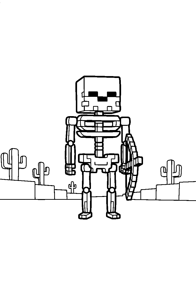 minecraft skeleton standing silently in a desert line art