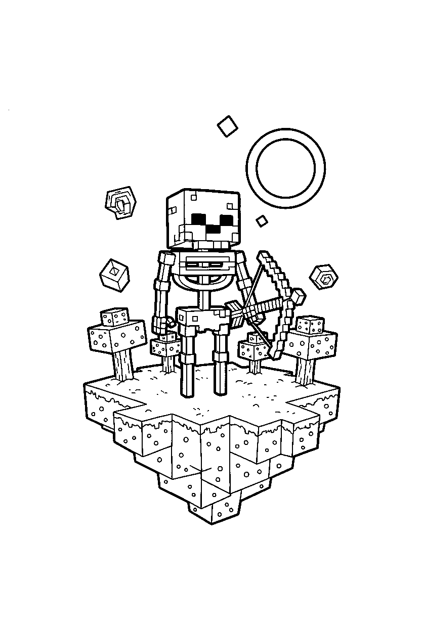 minecraft skeleton standing silently on an end island line art