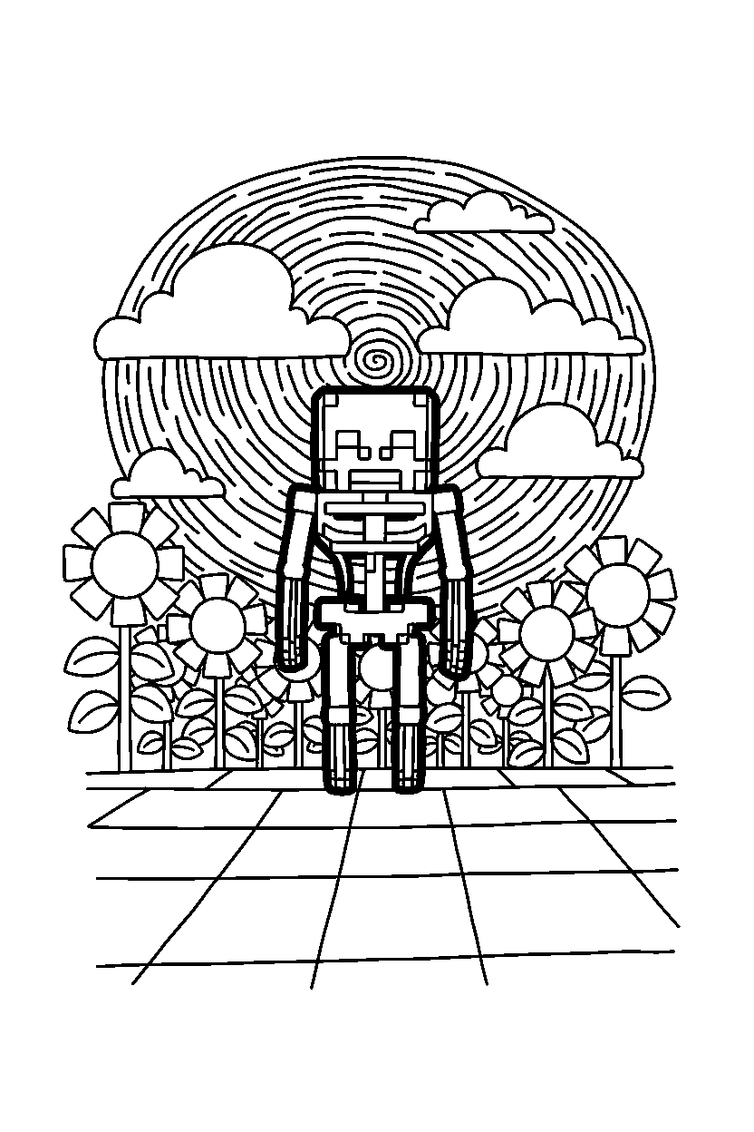 minecraft skeleton standing under a dark sky in sunflower plains line art