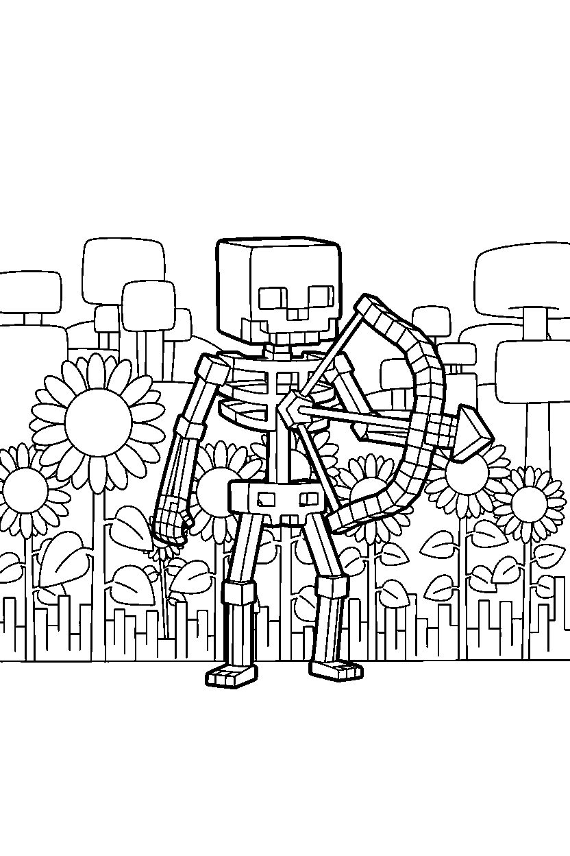 minecraft skeleton standing with a bow in sunflower plains line art