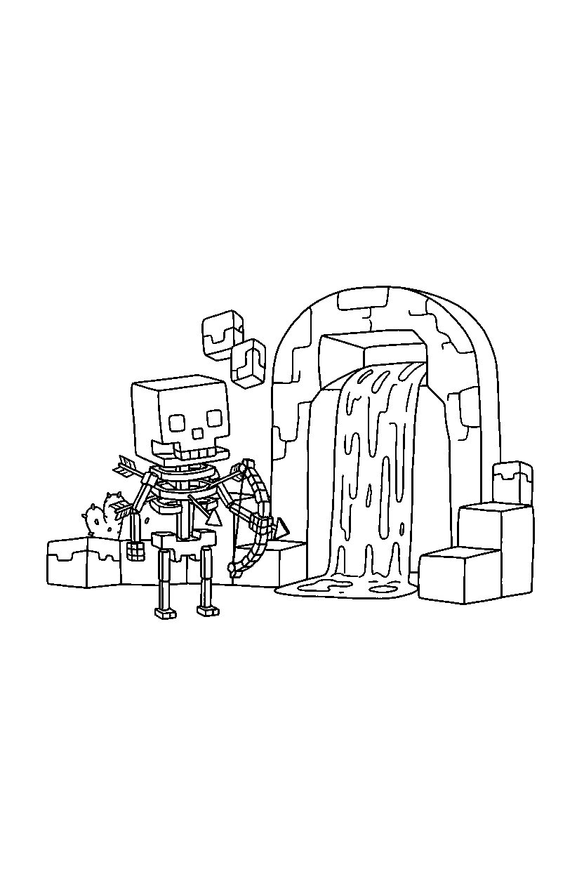 minecraft skeleton standing with arrows near a lava cave line art