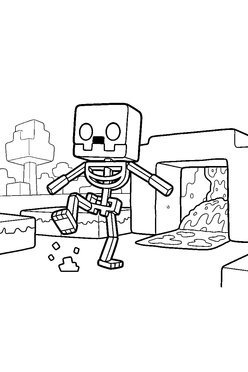 minecraft skeleton stomping playfully near a lava cave line art