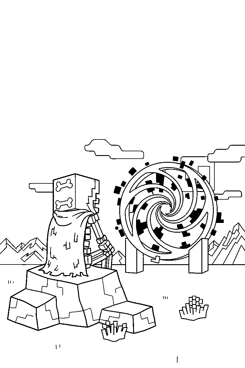 minecraft skeleton studying the horizon near a portal line art