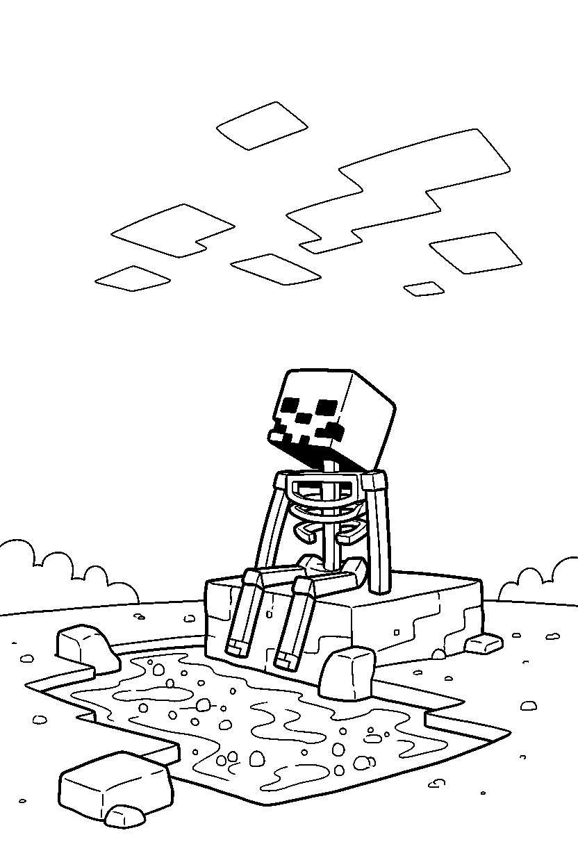 minecraft skeleton studying the sky near a lava lake line art