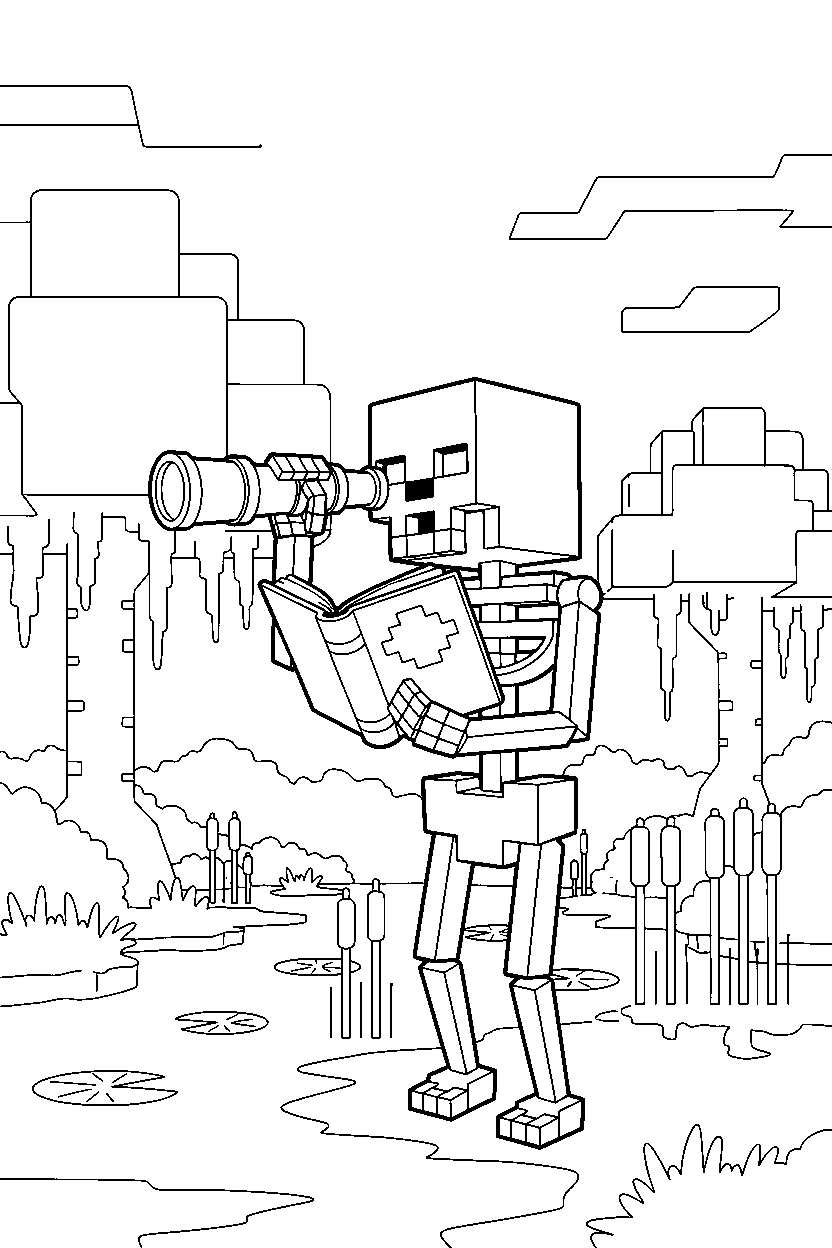 minecraft skeleton studying the surroundings in a swamp line art
