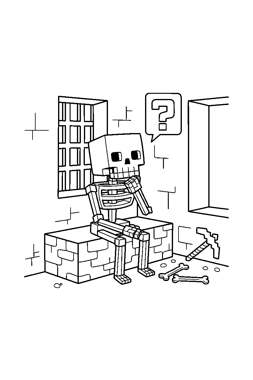 minecraft skeleton thinking in dungeon line art