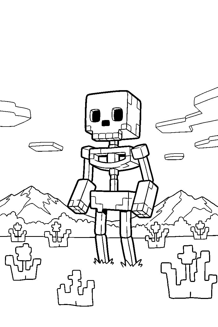 minecraft skeleton waiting silently in a meadow line art