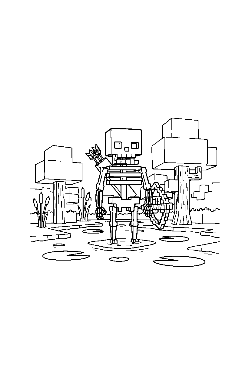 minecraft skeleton waiting silently in a swamp line art