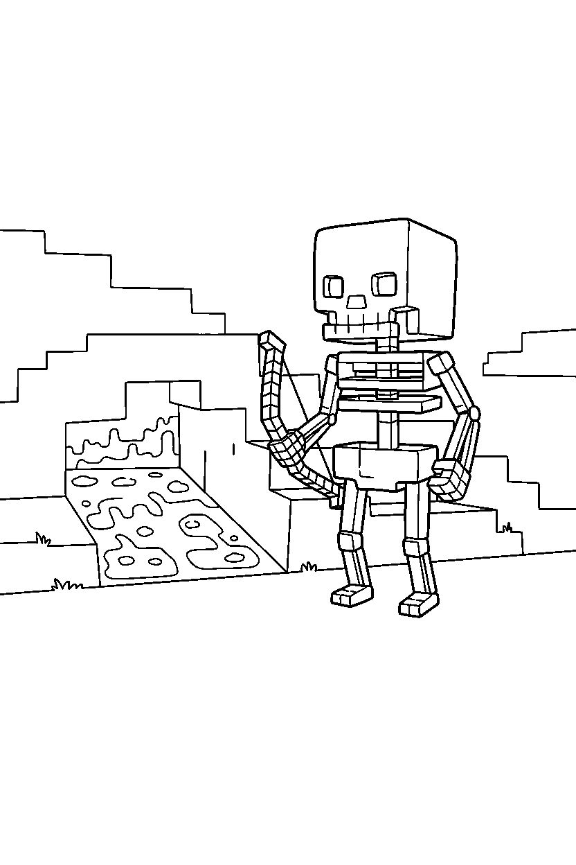 minecraft skeleton waiting silently near a lava cave line art