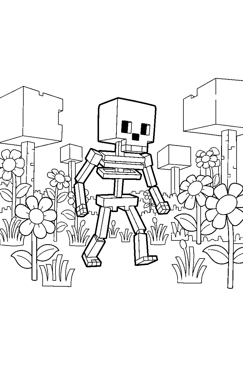 minecraft skeleton walking carefully in a flower forest line art