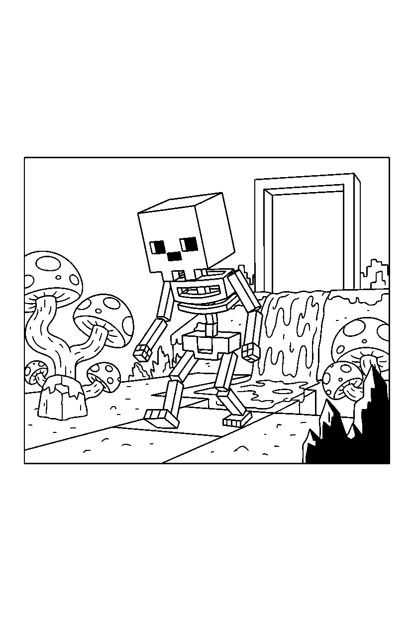 minecraft skeleton walking carefully in the nether line art