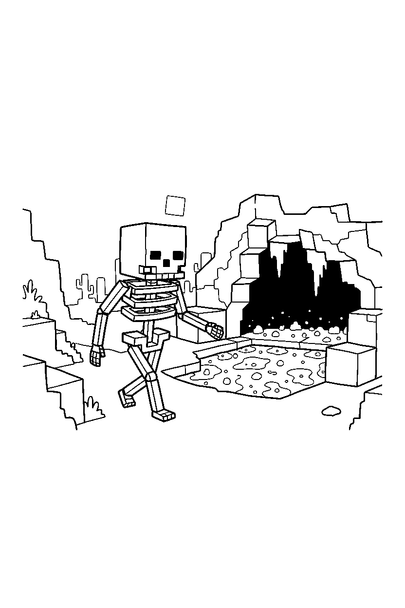 minecraft skeleton walking carefully near a lava cave line art