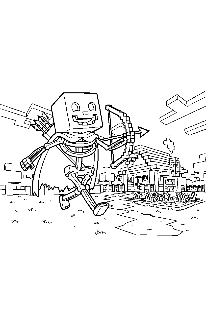 minecraft skeleton walking happily in a survival base line art