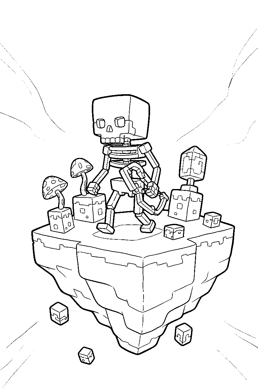 minecraft skeleton walking slowly on an end island line art