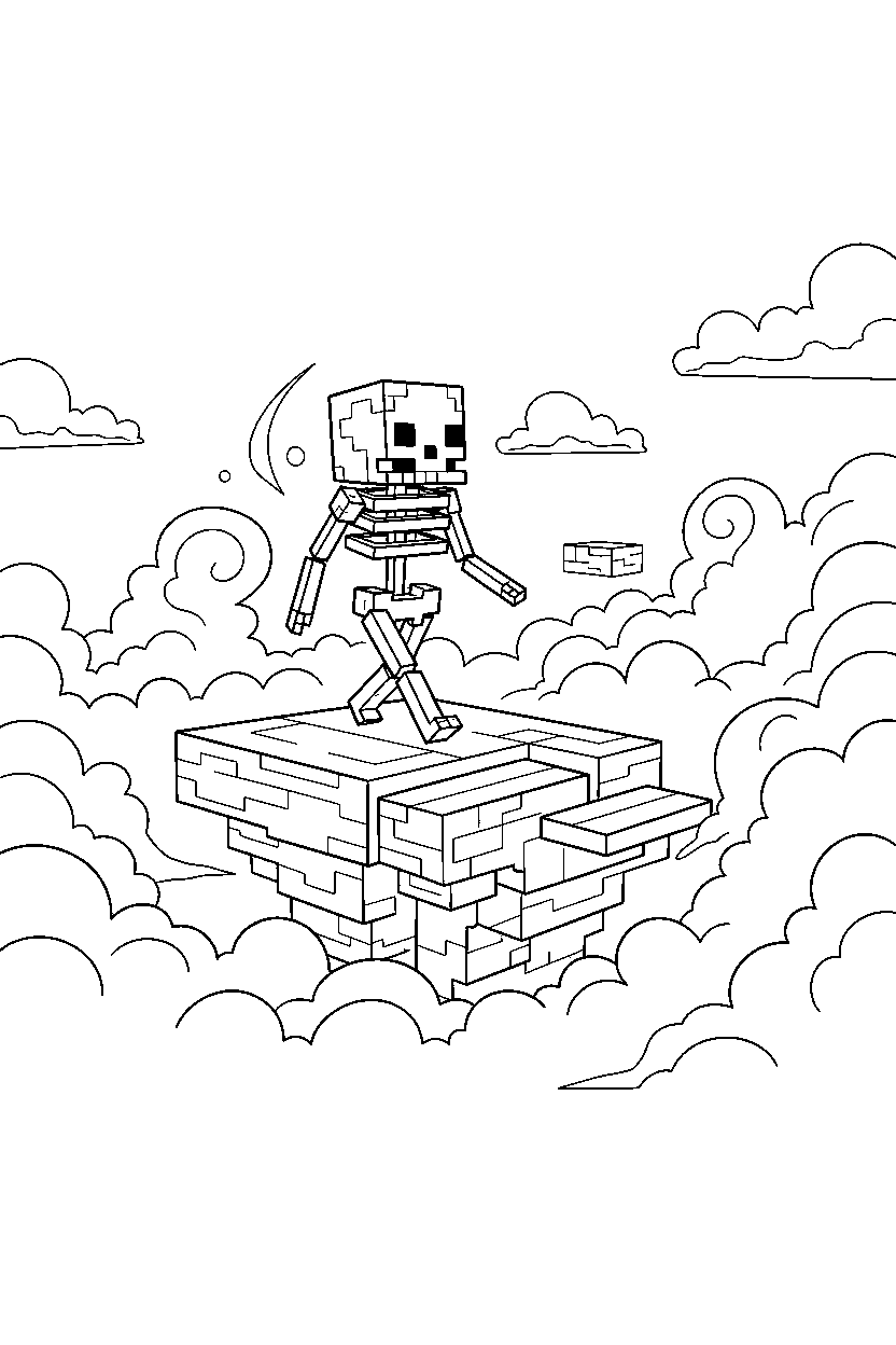 minecraft skeleton walking through mist in a sky base line art