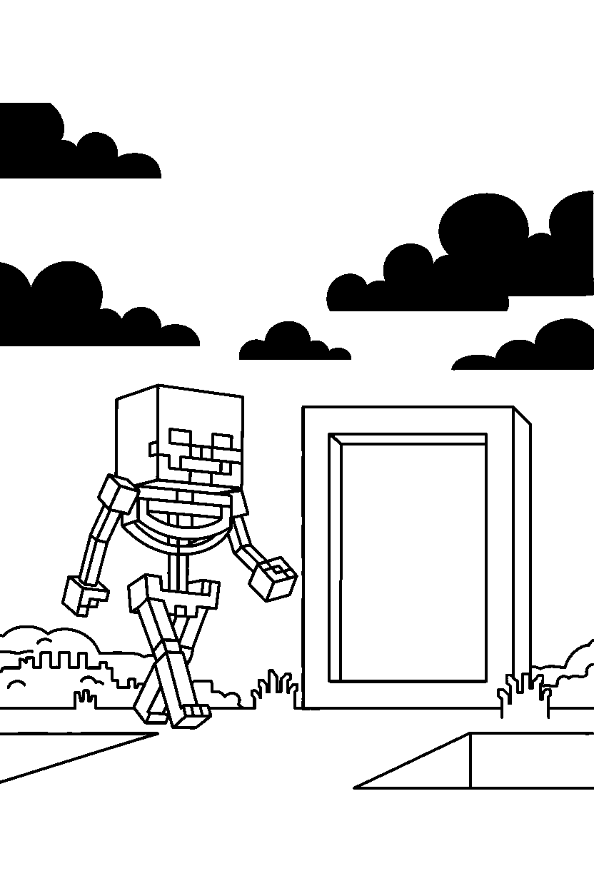 minecraft skeleton walking under dark clouds near a nether portal line art