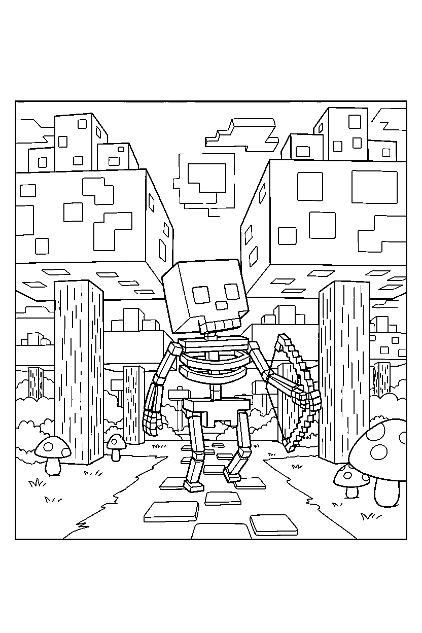 minecraft skeleton wandering curiously in a forest line art