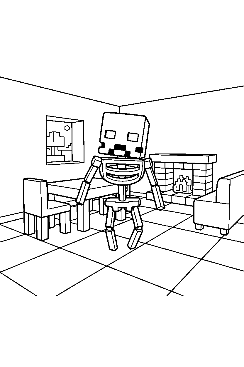 minecraft skeleton wandering curiously inside a house line art