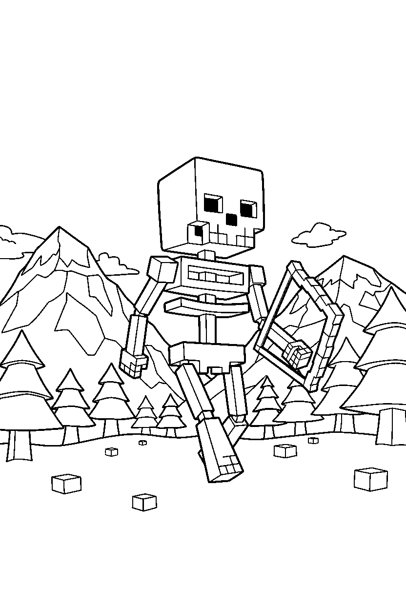 minecraft skeleton wandering silently in mountains line art