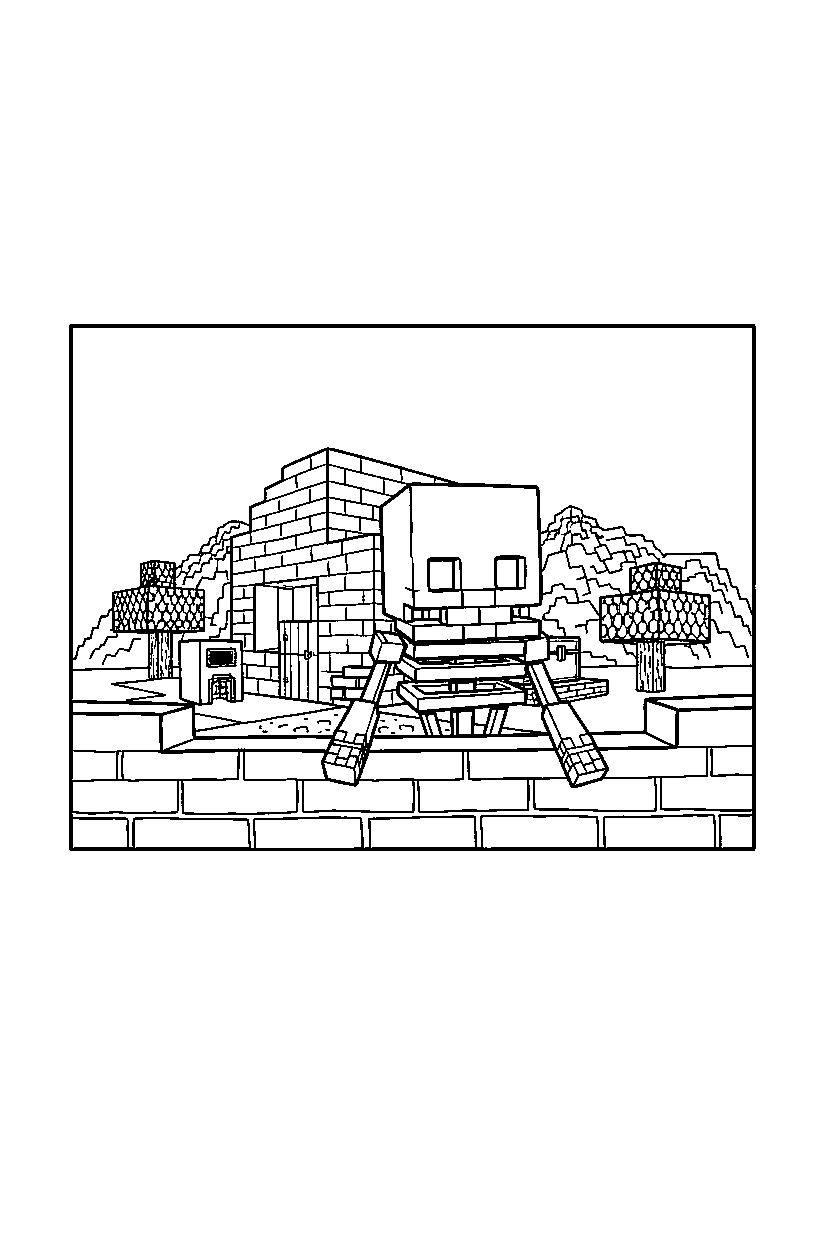 minecraft skeleton watching cautiously in a survival base line art