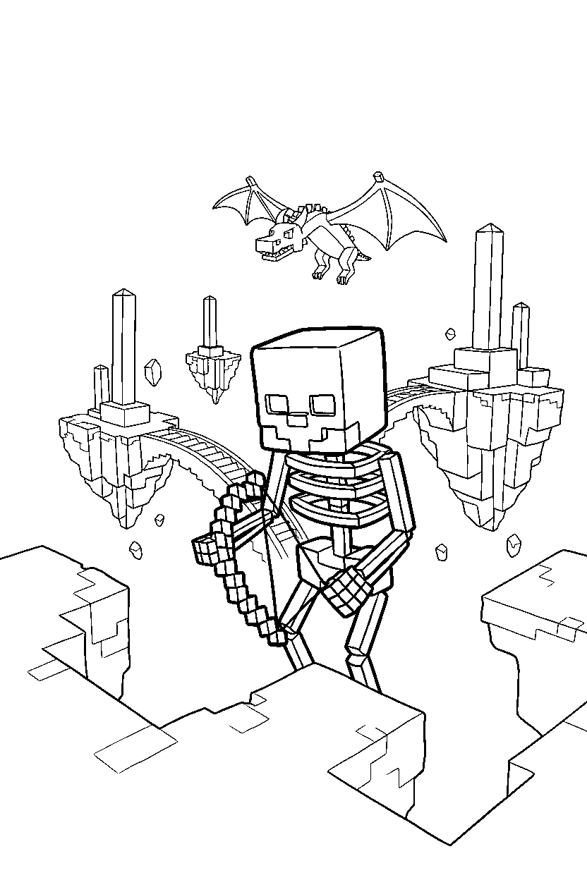 minecraft skeleton watching cautiously in the end dimension line art
