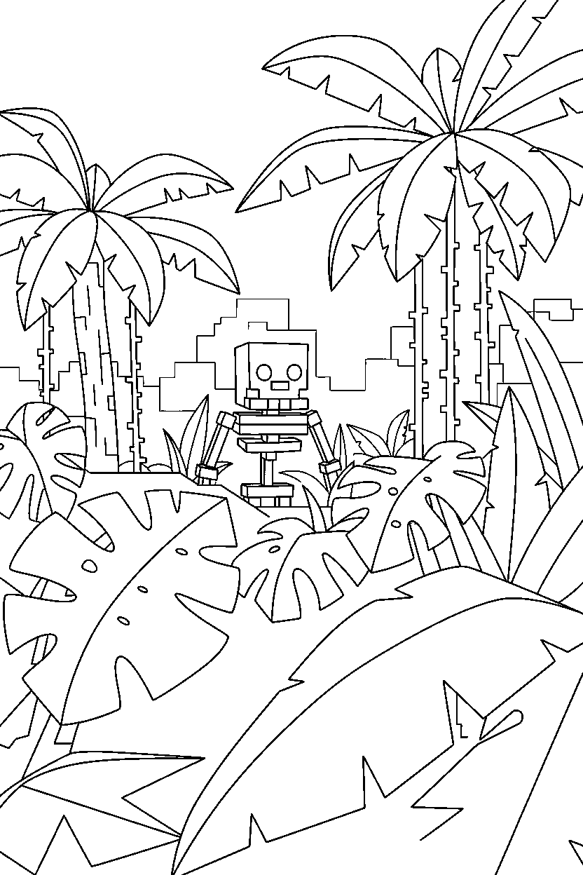 minecraft skeleton watching from afar in a jungle line art