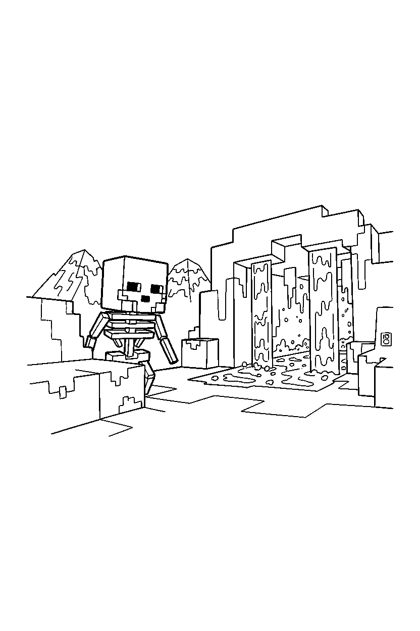 minecraft skeleton watching from afar near a lava cave line art