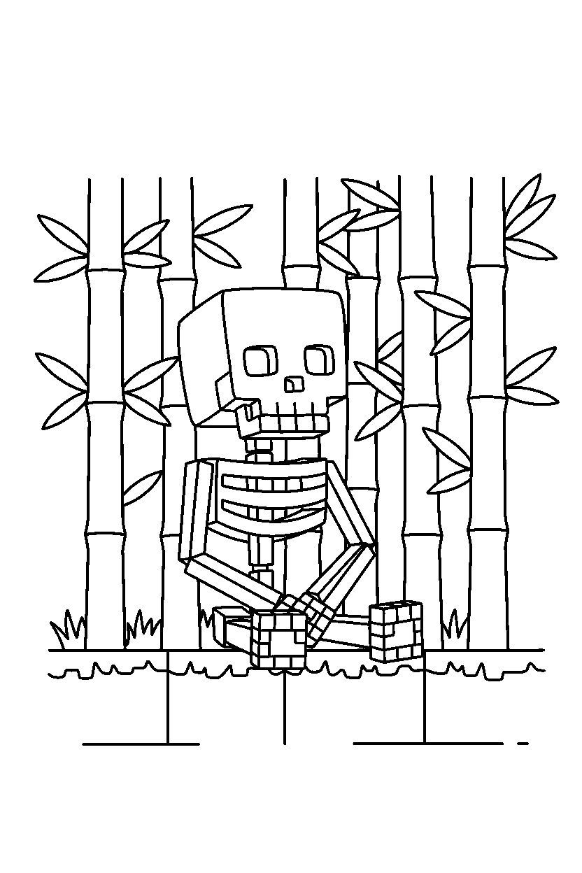 minecraft skeleton watching quietly in a bamboo jungle line art