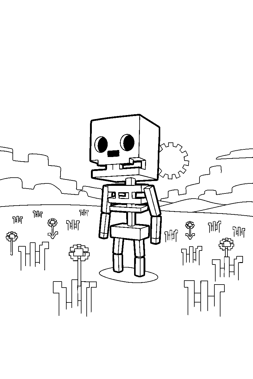 minecraft skeleton watching silently in a meadow line art
