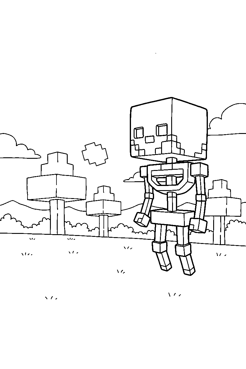 minecraft skeleton watching the forest quietly in a savanna line art
