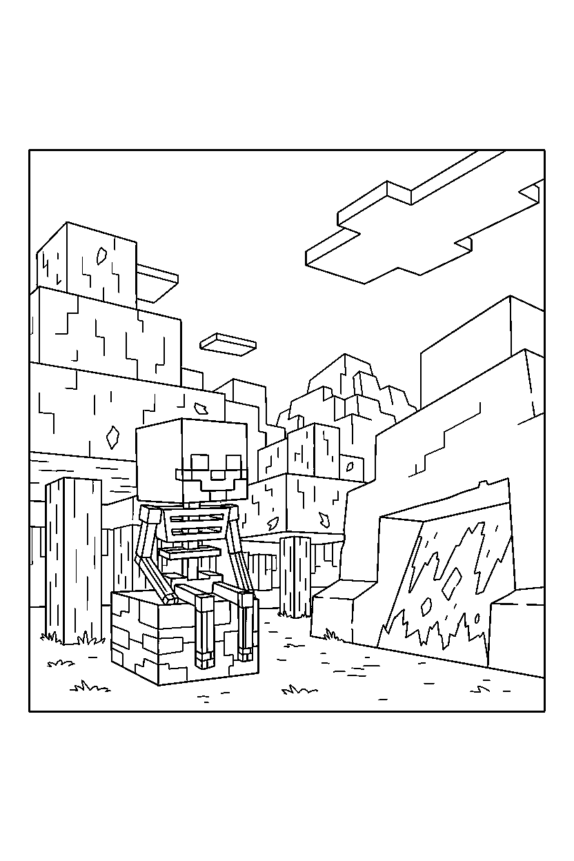 minecraft skeleton watching the forest quietly near a lava cave line art