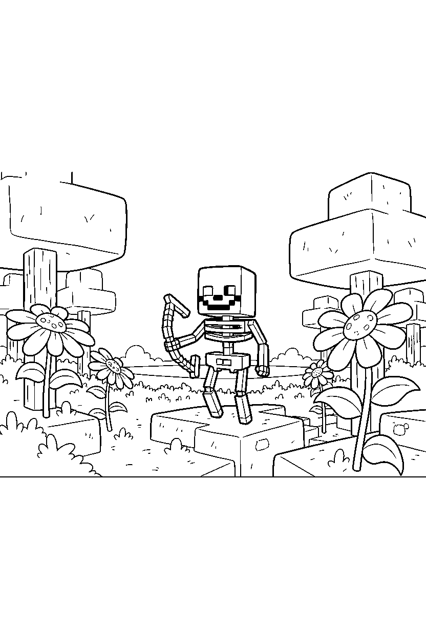 minecraft skeleton watching the horizon in a flower forest line art