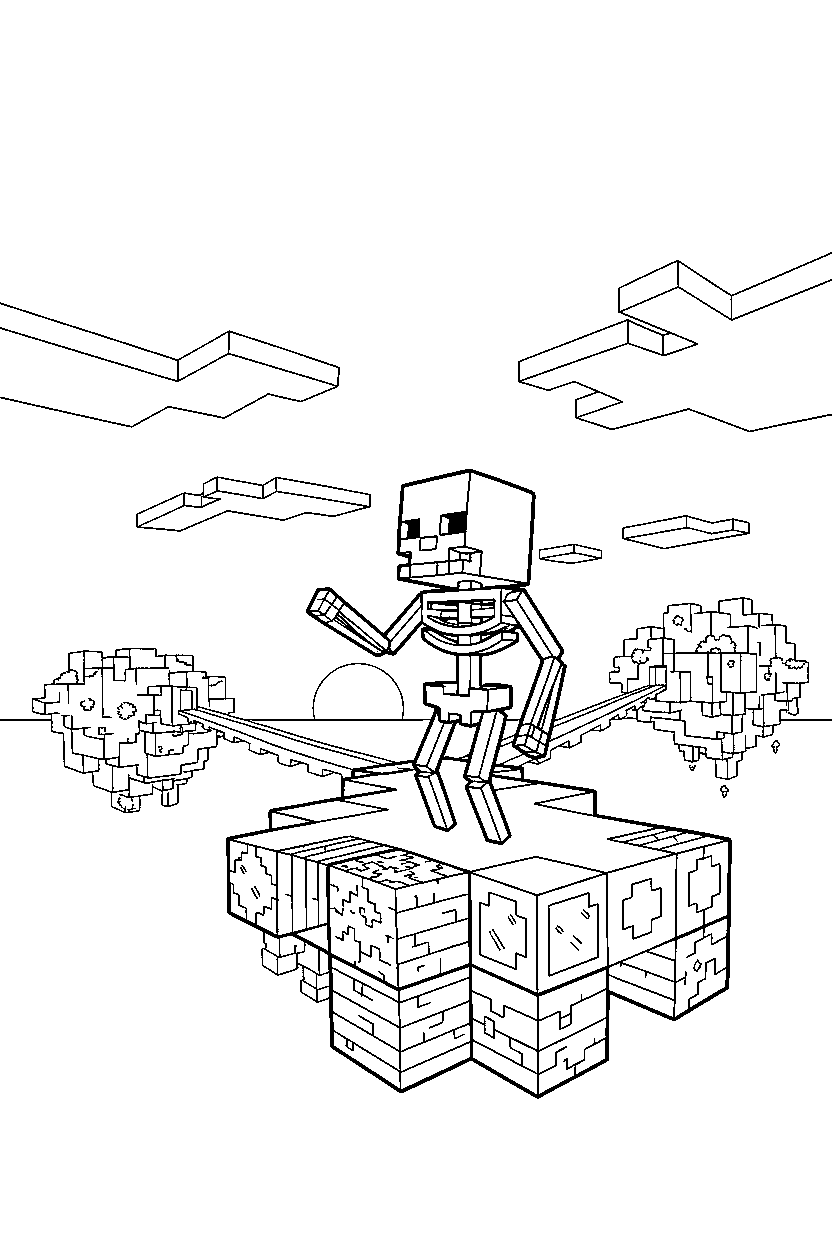 minecraft skeleton watching the horizon in a sky base line art