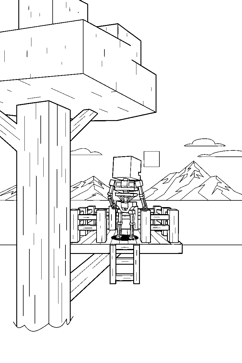 minecraft skeleton watching the horizon in a treehouse base line art