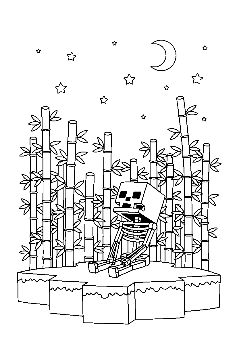minecraft skeleton watching the sky quietly in a bamboo jungle line art