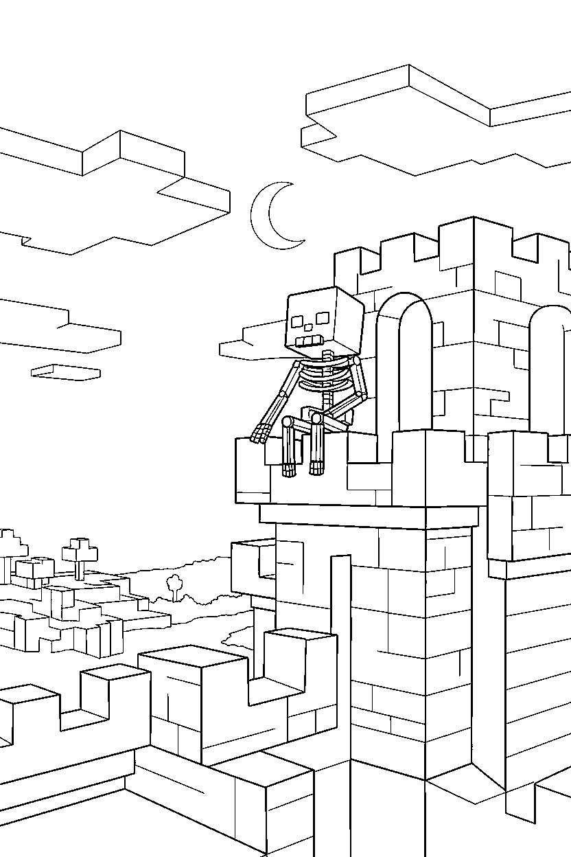 minecraft skeleton watching the sky quietly in a castle base line art