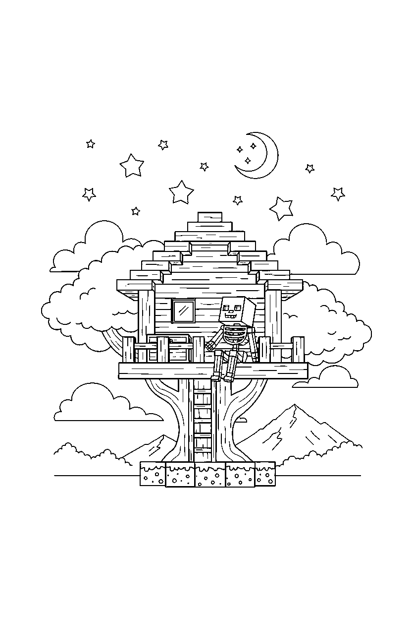 minecraft skeleton watching the sky quietly in a treehouse base line art