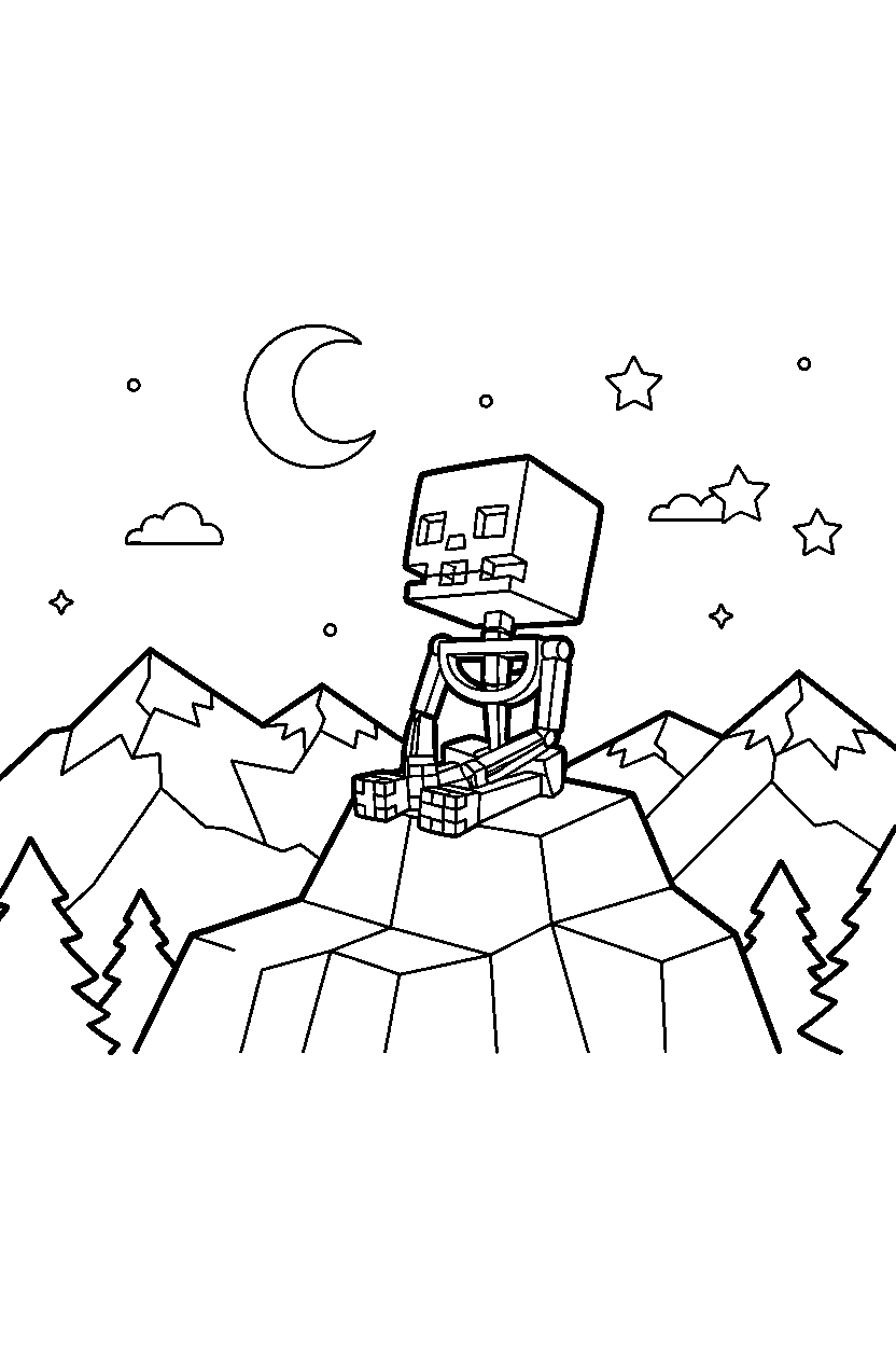 minecraft skeleton watching the sky quietly in mountains line art