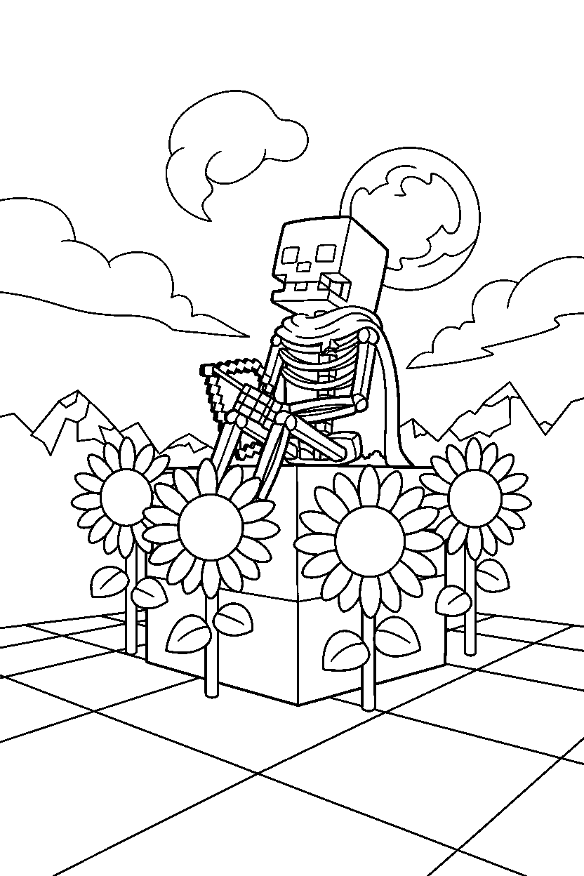 minecraft skeleton watching the sky quietly in sunflower plains line art
