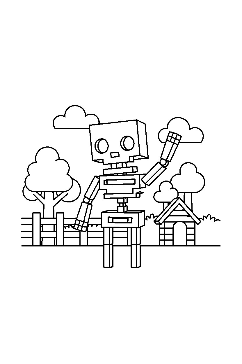 minecraft skeleton waving in simple backyard line art