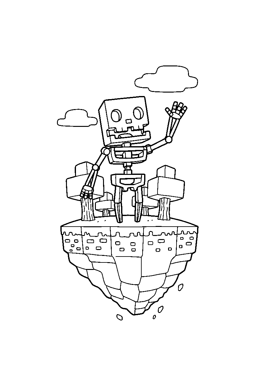 minecraft skeleton waving on floating island line art