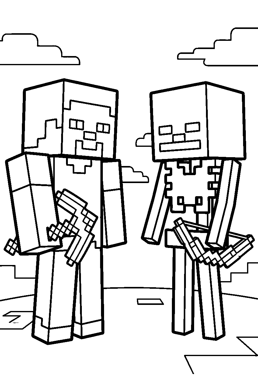 minecraft steve vs skeleton line art