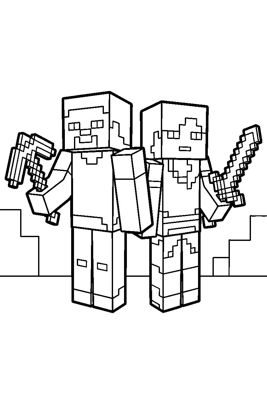 minecraft steve and alex line art