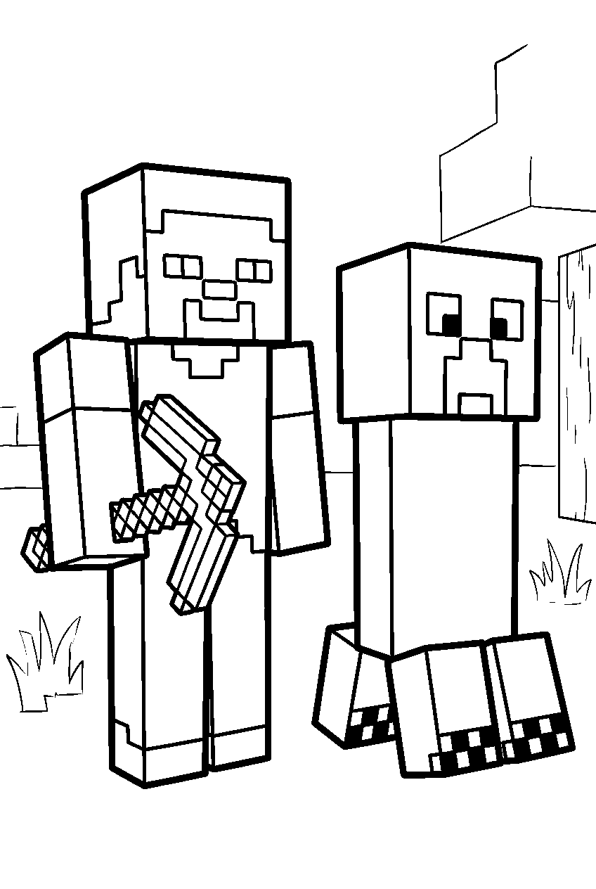 minecraft steve and creeper line art