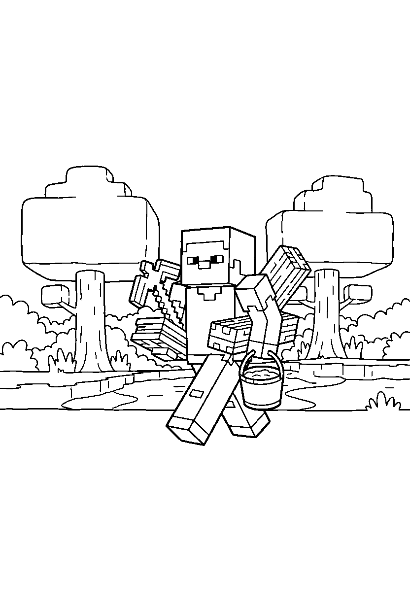 minecraft steve carrying materials in a forest line art