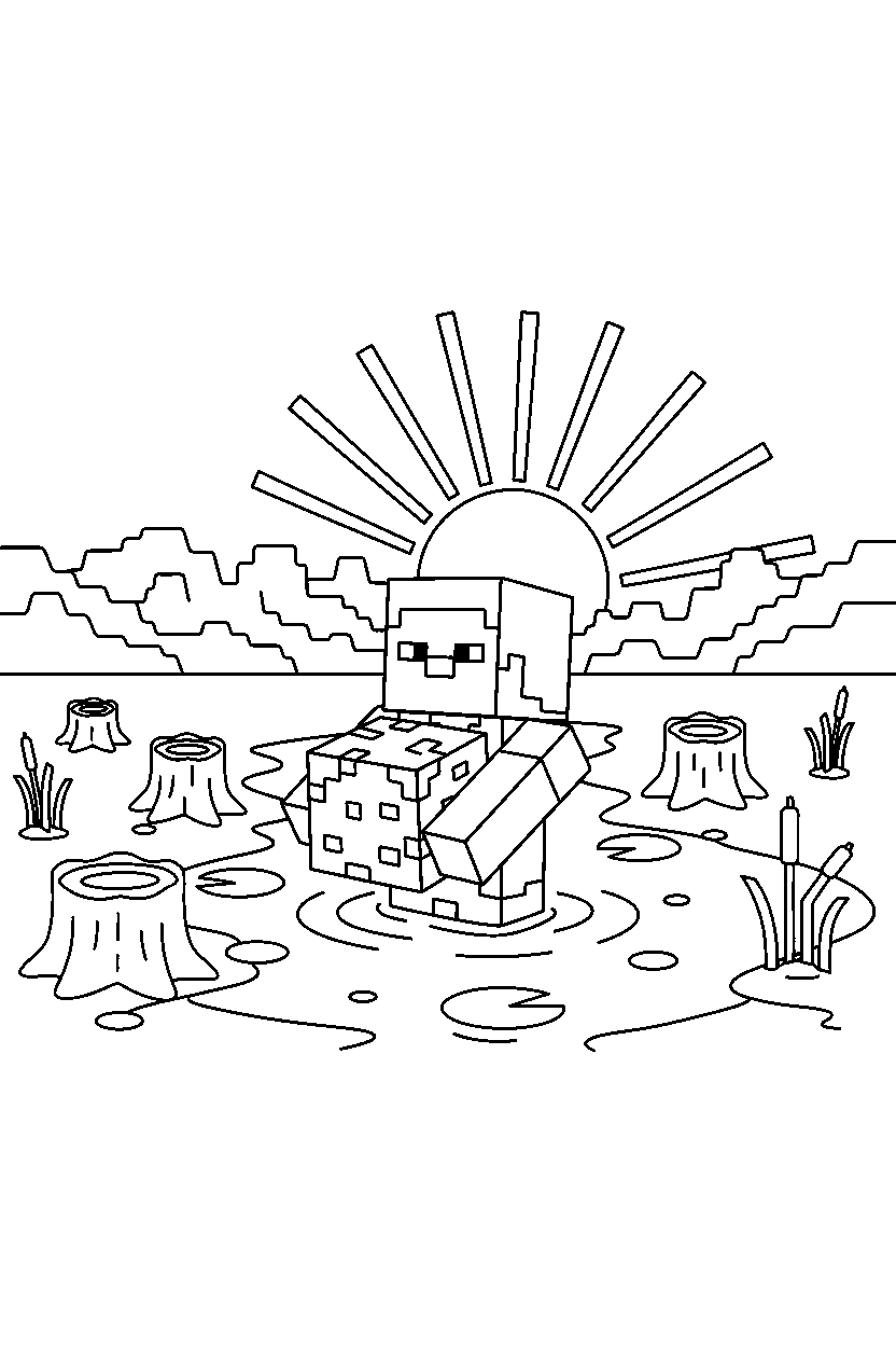 minecraft steve carrying stone block in a swamp line art