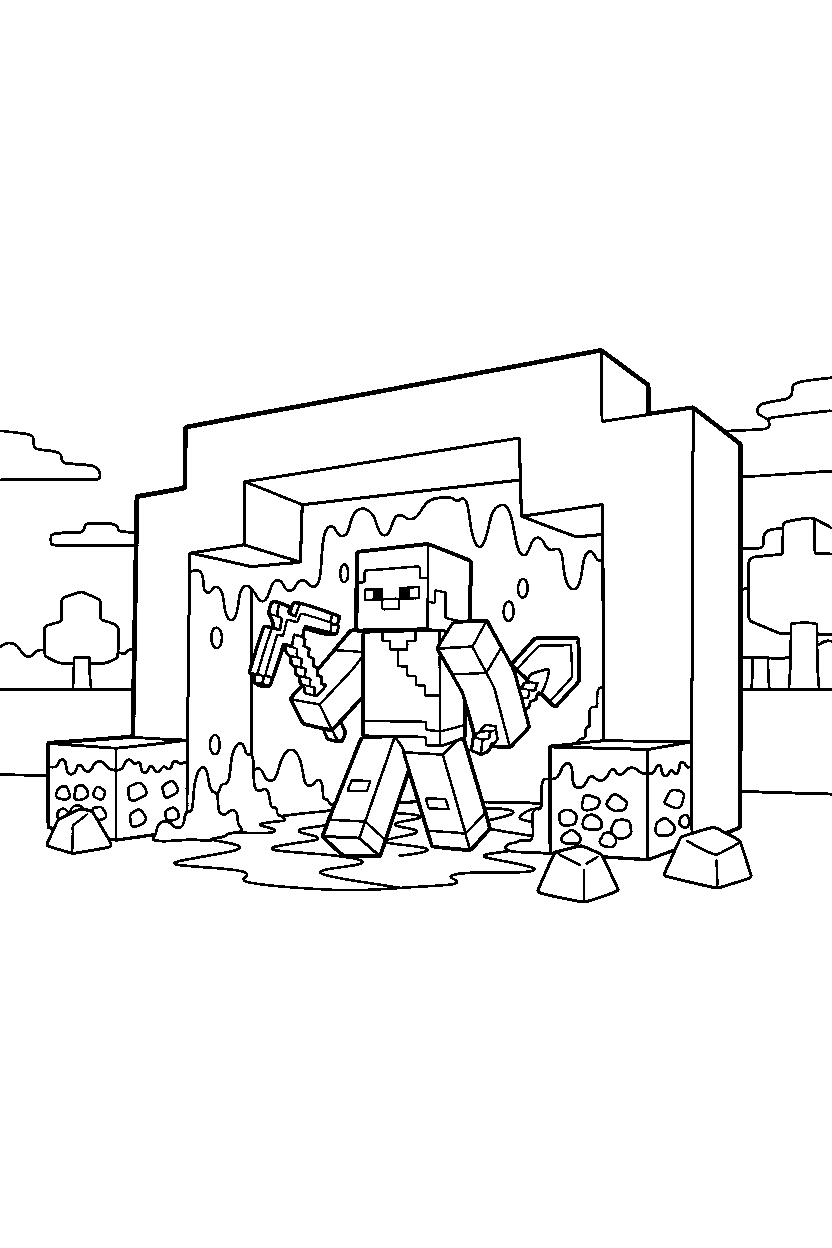 minecraft steve carrying tools near a lava cave line art