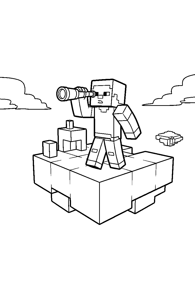 minecraft steve checking surrounding in a sky base line art
