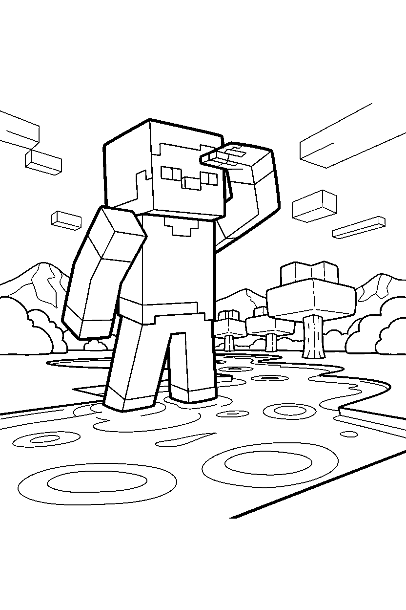 minecraft steve checking surrounding near a river line art